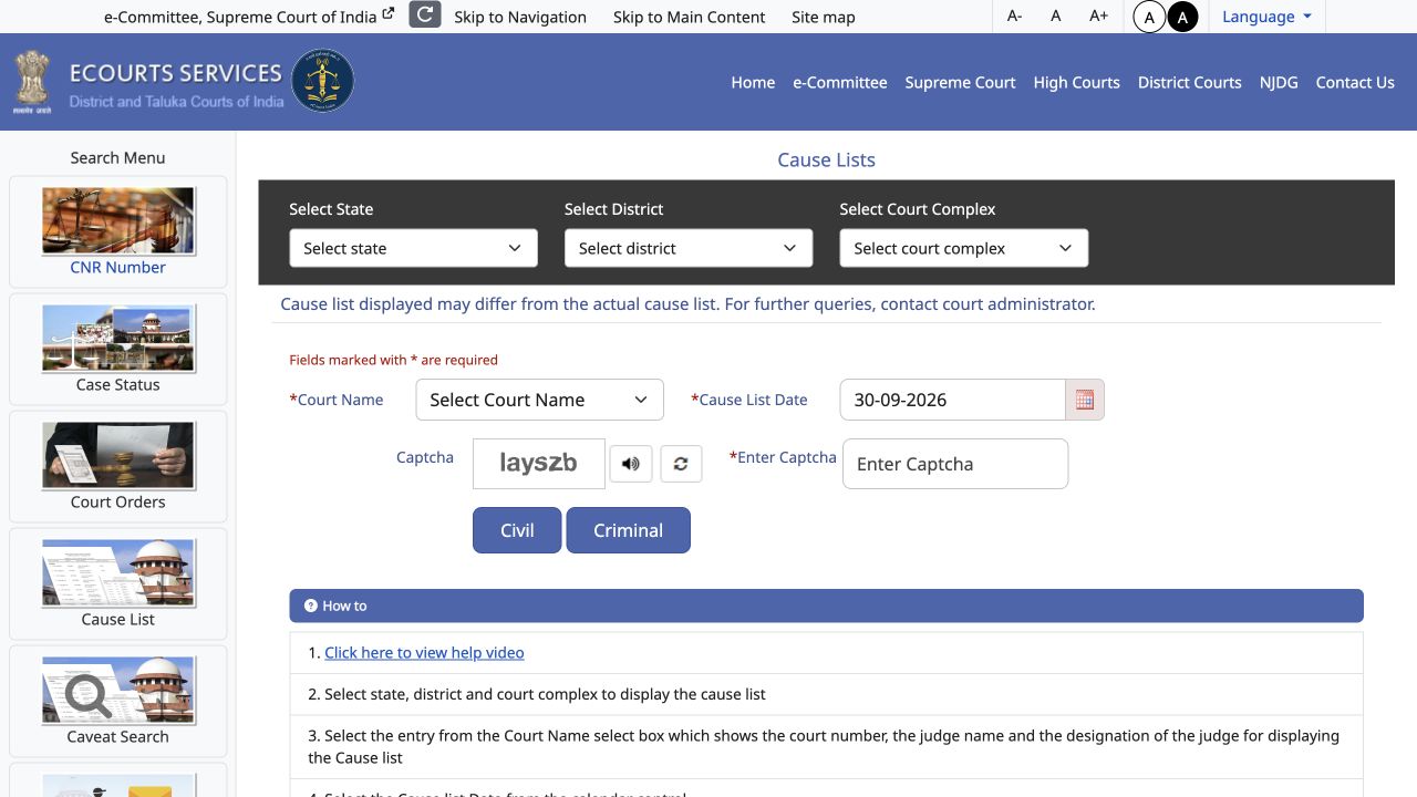 Official eCourts Services cause-list form with state, district and court-complex filters, court name, hearing date, and Civil and Criminal buttons